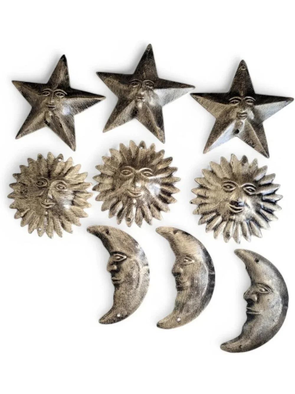 Rustic Sun Moon Star Metal Wall Art Set | 9 Piece Antique Gold Decor for Boho